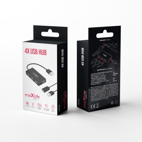 Maxlife Home Office USB 2.0 hub USB - 4x USB 0,15 m czarny + kabel 1,5 m Maxlife Home Office USB 2.0 hub USB - 4x USB 0,15 m czarny + kabel 1,5 m