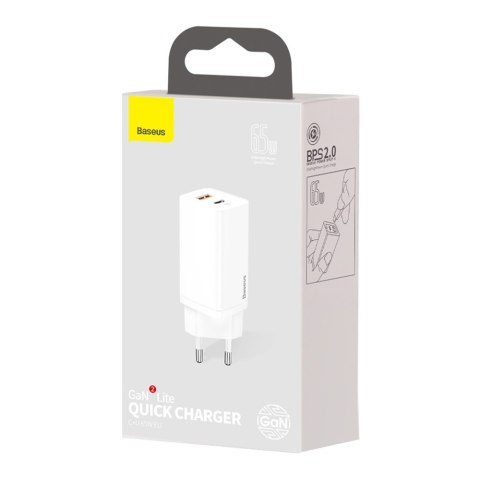 Baseus ładowarka sieciowa GaN2 Lite PD 65W 1x USB-C 1x USB biała Baseus ładowarka sieciowa GaN2 Lite PD 65W 1x USB-C 1x USB biała