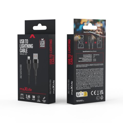 Maxlife kabel MXUC-07 USB - Lightning 1,0 m 2,4A czarny nylonowy Maxlife kabel MXUC-07 USB - Lightning 1,0 m 2,4A czarny nylonowy