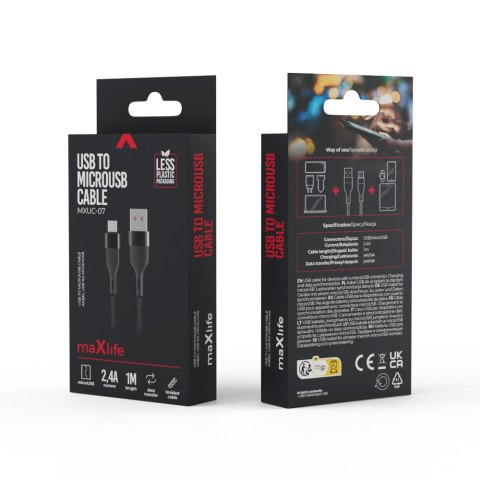 Maxlife kabel MXUC-07 USB - microUSB 1,0 m 2,4A czarny nylonowy Maxlife kabel MXUC-07 USB - microUSB 1,0 m 2,4A czarny nylonowy
