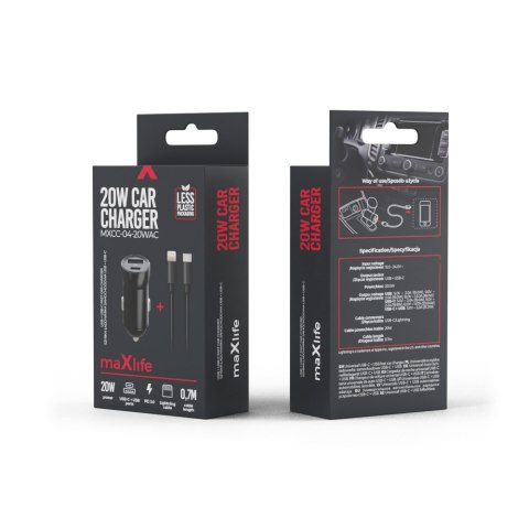 Maxlife ładowarka samochodowa PD QC MXCC-04 1x USB-C 1x USB 20W czarna + kabel USB-C - Lightning 27W Maxlife ładowarka samochodowa PD QC MXCC-04 1x USB-C 1x USB 20W czarna + kabel USB-C - Lightning 27W