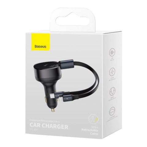 Baseus ładowarka samochodowa Enjoyment Retractable 2w1 30W czarna z kablem 1x USB-C 1x Lightning Baseus ładowarka samochodowa Enjoyment Retractable 2w1 30W czarna z kablem 1x USB-C 1x Lightning