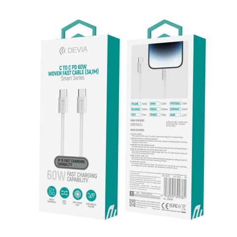Devia kabel Smart EC325 PD USB-C - USB-C 1,0 m 60W 3A biały Devia kabel Smart EC325 PD USB-C - USB-C 1,0 m 60W 3A biały