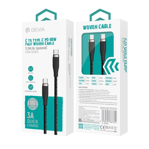 Devia kabel Star EC320 PD USB-C - USB-C 1,5 m 60W 3A czarny Devia kabel Star EC320 PD USB-C - USB-C 1,5 m 60W 3A czarny