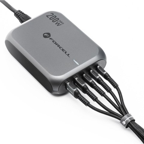 Ładowarka biurkowa Forcell F-Energy GaN III 3 x USB C + 2 x USB A QC4.0 PD 5A 200W VT-51 szara Ładowarka biurkowa Forcell F-Energy GaN III 3 x USB C + 2 x USB A QC4.0 PD 5A 200W VT-51 szara