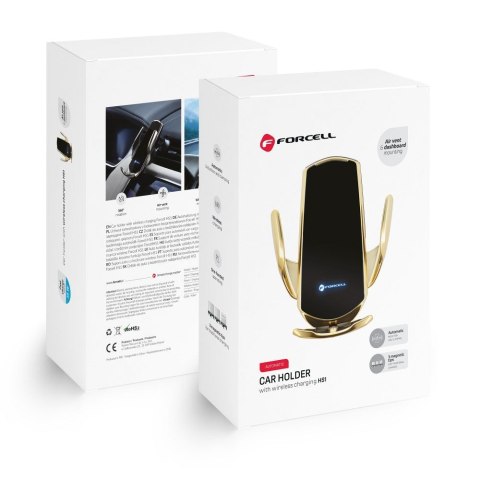 Uchwyt na telefon do samochodu indukcyjny automatyczny Forcell F-Grip HS1 Qi 15W do szyby / kratki złoty