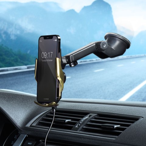 Uchwyt na telefon do samochodu indukcyjny automatyczny Forcell F-Grip HS1 Qi 15W do szyby / kratki złoty Uchwyt na telefon do samochodu indukcyjny automatyczny Forcell F-Grip HS1 Qi 15W do szyby / kratki złoty