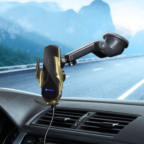 Uchwyt na telefon do samochodu indukcyjny automatyczny Forcell F-Grip HS1 Qi 15W do szyby / kratki złoty Uchwyt na telefon do samochodu indukcyjny automatyczny Forcell F-Grip HS1 Qi 15W do szyby / kratki złoty