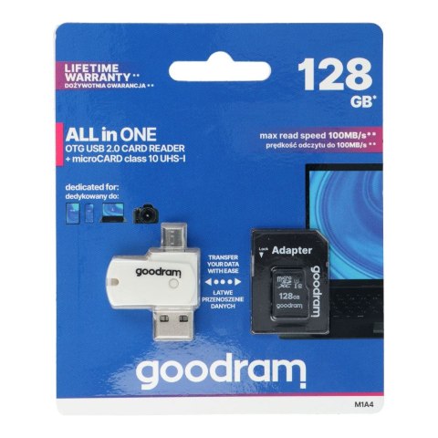 GOODRAM czytnik kart pamięci USB A + Micro USB ALL IN ONE M1A4 + karta microSD 128GB z adapterem GOODRAM czytnik kart pamięci USB A + Micro USB ALL IN ONE M1A4 + karta microSD 128GB z adapterem