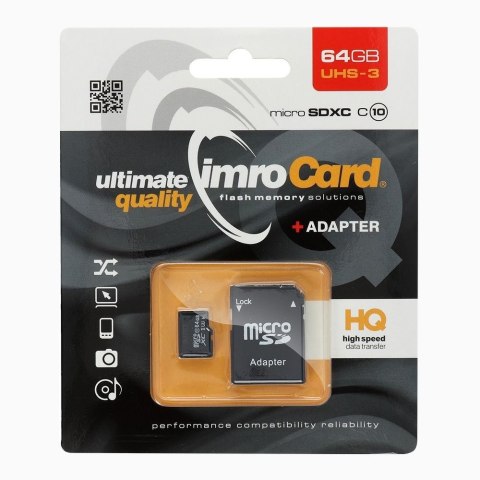 IMRO karta pamięci microSD 64GB 100MB/s class 10 UHS 3 z adapterem SD IMRO karta pamięci microSD 64GB 100MB/s class 10 UHS 3 z adapterem SD