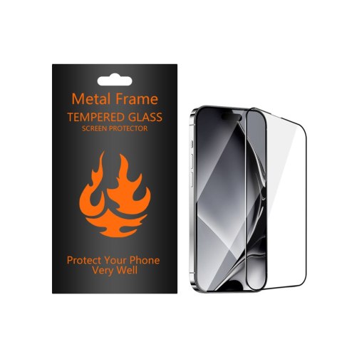 Szkło hartowane z metalową ramką do iPhone 13 / 13 Pro 6,1'' / 14 / 16e 6,1" czarna ramka Szkło hartowane z metalową ramką do iPhone 13 / 13 Pro 6,1'' / 14 / 16e 6,1" czarna ramka