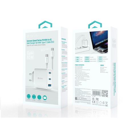 Devia ładowarka sieciowa Extreme PD GaN 65W 2x USB-C 1x USB biała + kabel USB-C - USB-C do laptopa Devia ładowarka sieciowa Extreme PD GaN 65W 2x USB-C 1x USB biała + kabel USB-C - USB-C do laptopa