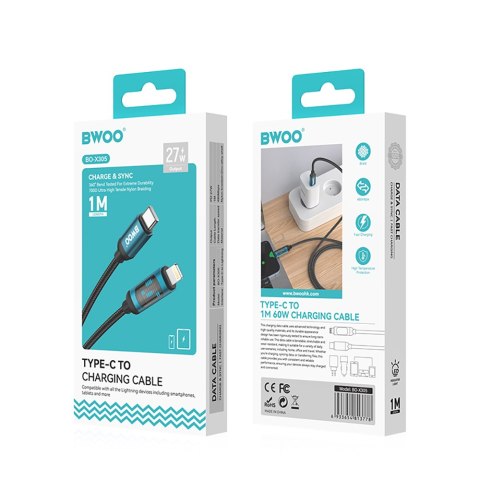 BWOO kabel Pleciony USB-C - Lightning 1m 27W z animowanym podświetleniem czarny BWOO kabel Pleciony USB-C - Lightning 1m 27W z animowanym podświetleniem czarny
