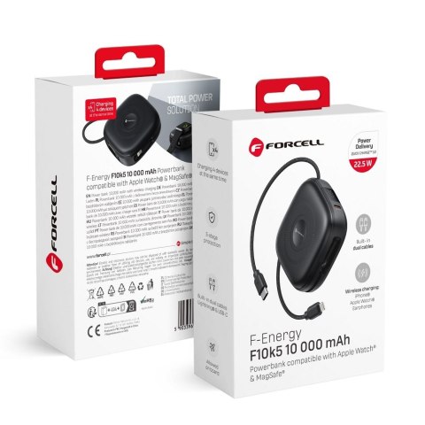Powerbank zgodny z MagSafe Forcell F-Energy F10K5 PD3.1 QC3.0 3A 22,5W 10000 mAh kompatybilny z Apple Watch czarny