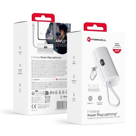 Powerbank Forcell F-Energy Power Plug F5K3 5000 mAh z wbudowanym złączem Lightning PD 20W biały