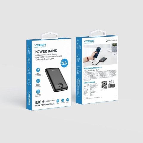 VEGER powerbank 10000 mAh PD QC3.0 2A 22,5W S11 (W1140) czarny VEGER powerbank 10000 mAh PD QC3.0 2A 22,5W S11 (W1140) czarny