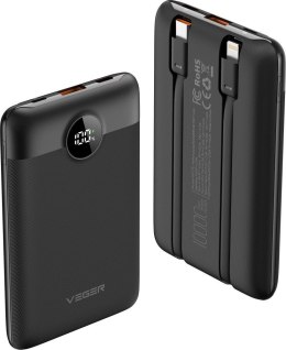 VEGER powerbank 10000 mAh z wbudowanymi kablami Typ C / Lightning PD QC3.0 2A 22,5W C11 (W1170) czarny