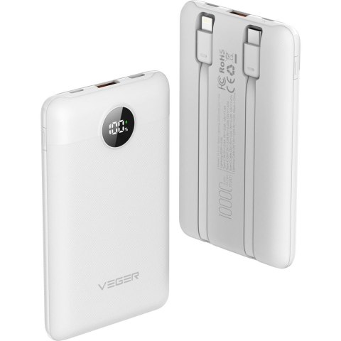 VEGER powerbank 10000 mAh z wbudowanymi kablami Typ C / Lightning PD QC3.0 2A 22,5W C11C (W1170) biały VEGER powerbank 10000 mAh z wbudowanymi kablami Typ C / Lightning PD QC3.0 2A 22,5W C11C (W1170) biały