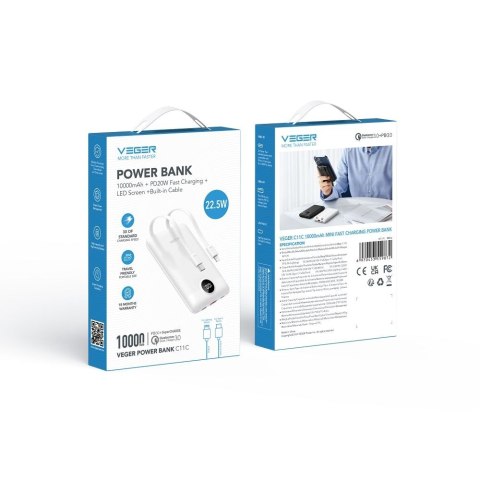 VEGER powerbank 10000 mAh z wbudowanymi kablami Typ C / Lightning PD QC3.0 2A 22,5W C11C (W1170) biały VEGER powerbank 10000 mAh z wbudowanymi kablami Typ C / Lightning PD QC3.0 2A 22,5W C11C (W1170) biały