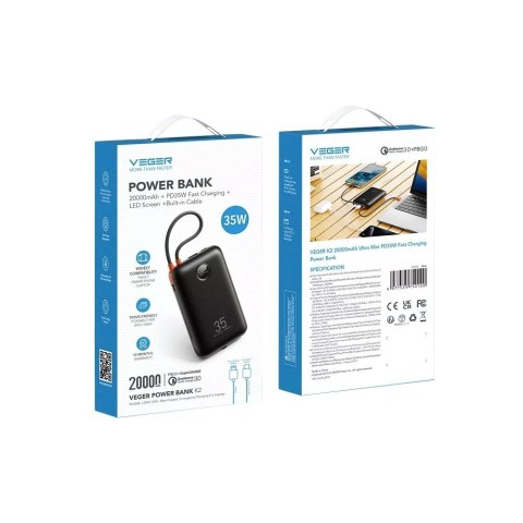 VEGER powerbank 20000 mAh z wbudowanymi kablami Typ C / Lightning PD QC3.0 35W K2 (W2068) czarny VEGER powerbank 20000 mAh z wbudowanymi kablami Typ C / Lightning PD QC3.0 35W K2 (W2068) czarny