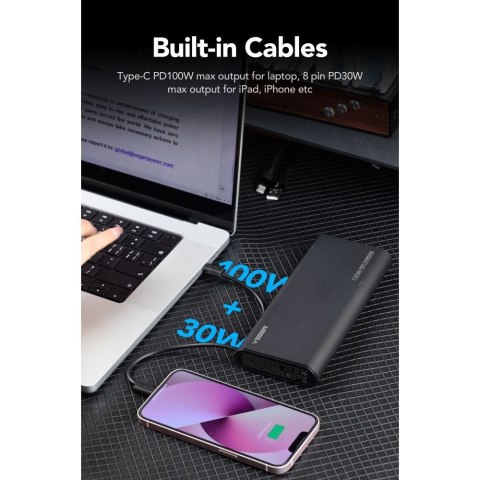 VEGER powerbank 25000 mAh z wbudowanymi kablami Typ C / Lightning PD 130W TCE130 (W2503) czarny VEGER powerbank 25000 mAh z wbudowanymi kablami Typ C / Lightning PD 130W TCE130 (W2503) czarny