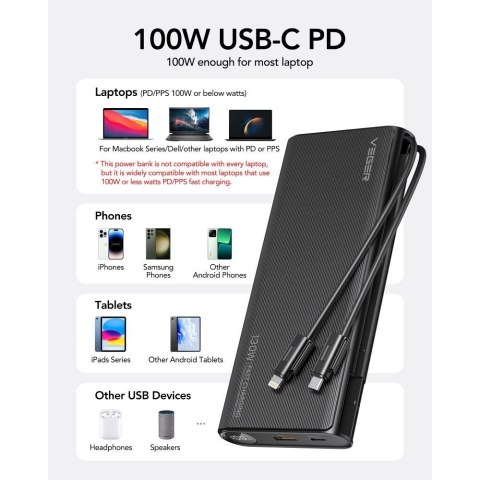 VEGER powerbank 25000 mAh z wbudowanymi kablami Typ C / Lightning PD 130W TCE130 (W2503) czarny VEGER powerbank 25000 mAh z wbudowanymi kablami Typ C / Lightning PD 130W TCE130 (W2503) czarny