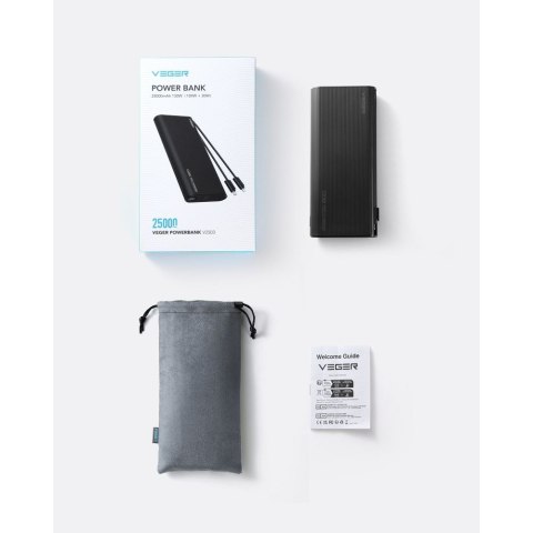 VEGER powerbank 25000 mAh z wbudowanymi kablami Typ C / Lightning PD 130W TCE130 (W2503) czarny VEGER powerbank 25000 mAh z wbudowanymi kablami Typ C / Lightning PD 130W TCE130 (W2503) czarny