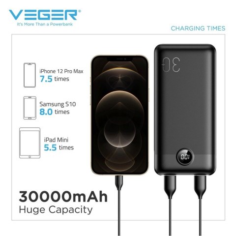 VEGER powerbank 30000 mAh PD QC3.0 3A 20W L30 (W3008PD) czarny VEGER powerbank 30000 mAh PD QC3.0 3A 20W L30 (W3008PD) czarny