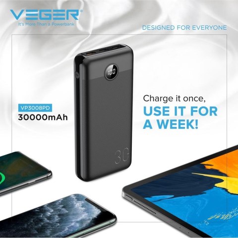 VEGER powerbank 30000 mAh PD QC3.0 3A 20W L30 (W3008PD) czarny VEGER powerbank 30000 mAh PD QC3.0 3A 20W L30 (W3008PD) czarny