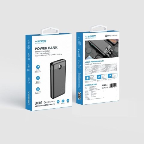 VEGER powerbank 30000 mAh PD QC3.0 3A 20W L30 (W3008PD) czarny VEGER powerbank 30000 mAh PD QC3.0 3A 20W L30 (W3008PD) czarny