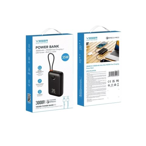 VEGER powerbank 30000 mAh z wbudowanymi kablami Typ C / Lightning PD QC3.0 35W K3 (W3018) czarny VEGER powerbank 30000 mAh z wbudowanymi kablami Typ C / Lightning PD QC3.0 35W K3 (W3018) czarny