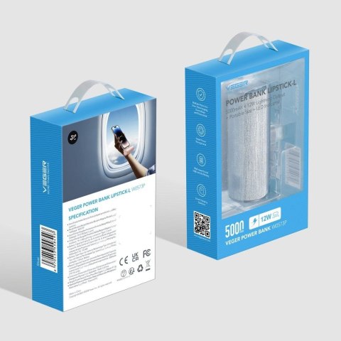 VEGER powerbank 5000 mAh z wbudowanym złączem Lightning PD QC3.0 2,4A 12W PlugOn (W0573P) srebrny VEGER powerbank 5000 mAh z wbudowanym złączem Lightning PD QC3.0 2,4A 12W PlugOn (W0573P) srebrny
