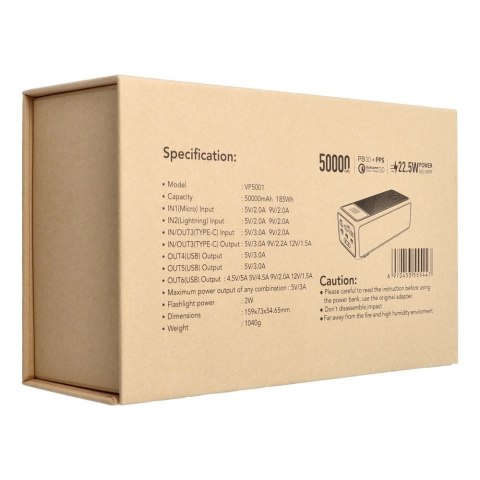 VEGER powerbank 50000 mAh PD QC3.0 5A 22,5W Tank Lite (W5001) czarny VEGER powerbank 50000 mAh PD QC3.0 5A 22,5W Tank Lite (W5001) czarny