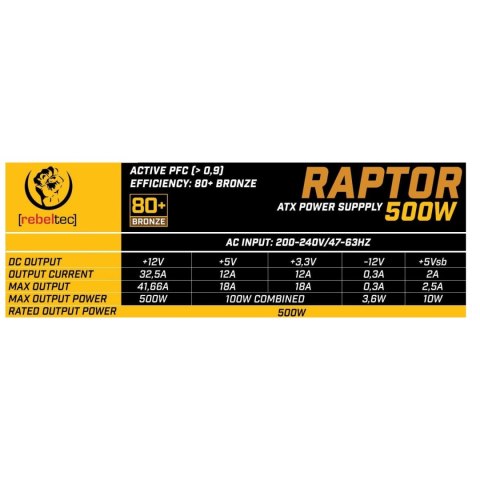 Rebeltec Zasilacz ATX RAPTOR 500W 80+ Bronze, Single Rail, DC-DC Rebeltec Zasilacz ATX RAPTOR 500W 80+ Bronze, Single Rail, DC-DC