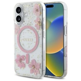 Guess Nakładka HC MagSafe Resin Flowers and Glitter do iPhone 16 Różowa
