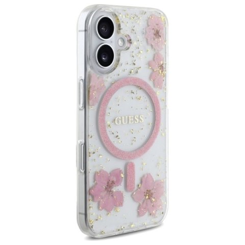 Guess Nakładka HC MagSafe Resin Flowers and Glitter do iPhone 16 Różowa Guess Nakładka HC MagSafe Resin Flowers and Glitter do iPhone 16 Różowa