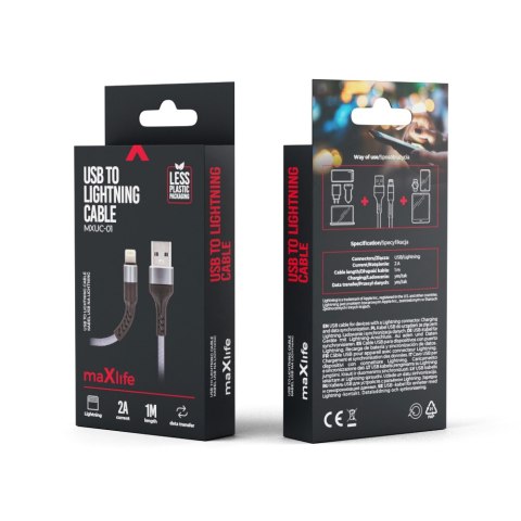 Maxlife kabel MXUC-01 USB - Lightning 1,0 m 2A szary nylonowy Maxlife kabel MXUC-01 USB - Lightning 1,0 m 2A szary nylonowy