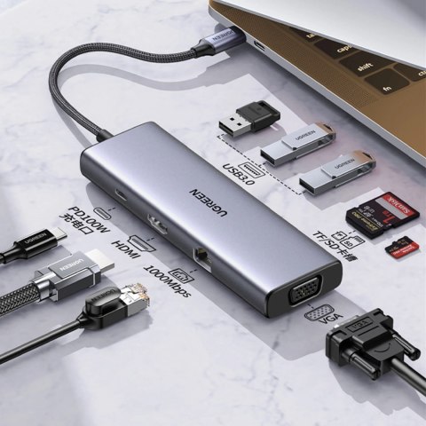 Adapter Ugreen CM498 15600 USB-C - 3x USB-A 3.0 / HDMI / VGA / RJ45 / czytnik kart SD / TF / USB-C PD - szary Adapter Ugreen CM498 15600 USB-C - 3x USB-A 3.0 / HDMI / VGA / RJ45 / czytnik kart SD / TF / USB-C PD - szary