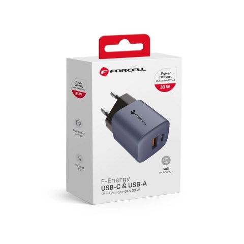 Ładowarka sieciowa do telefonu Forcell F-Energy GaN USB C + USB A QC4.0 PD 3A 33W VT-31 szara Ładowarka sieciowa do telefonu Forcell F-Energy GaN USB C + USB A QC4.0 PD 3A 33W VT-31 szara