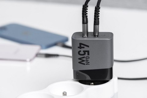 Ładowarka sieciowa do telefonu Forcell F-Energy GaN USB C + USB A QC4.0 PD 4A 45W VT-39 szara Ładowarka sieciowa do telefonu Forcell F-Energy GaN USB C + USB A QC4.0 PD 4A 45W VT-39 szara