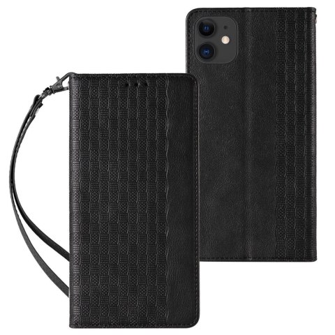 Magnet Strap Case etui do iPhone 12 pokrowiec portfel + mini smycz zawieszka czarny Magnet Strap Case etui do iPhone 12 pokrowiec portfel + mini smycz zawieszka czarny