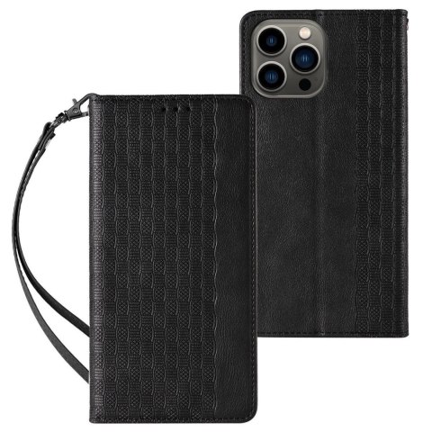 Magnet Strap Case etui do iPhone 13 Pro Max pokrowiec portfel + mini smycz zawieszka czarny Magnet Strap Case etui do iPhone 13 Pro Max pokrowiec portfel + mini smycz zawieszka czarny