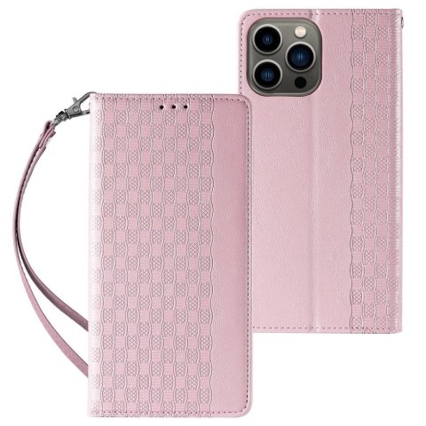 Magnet Strap Case etui iPhone 14 Plus pokrowiec z klapką portfel mini smycz podstawka różowe Magnet Strap Case etui iPhone 14 Plus pokrowiec z klapką portfel mini smycz podstawka różowe
