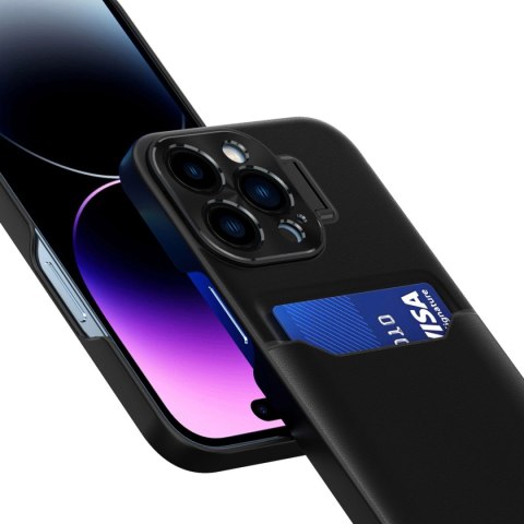 Leather Stand Case etui do iPhone 14 Pro pokrowiec portfel na kartę z podstawką czarne Leather Stand Case etui do iPhone 14 Pro pokrowiec portfel na kartę z podstawką czarne