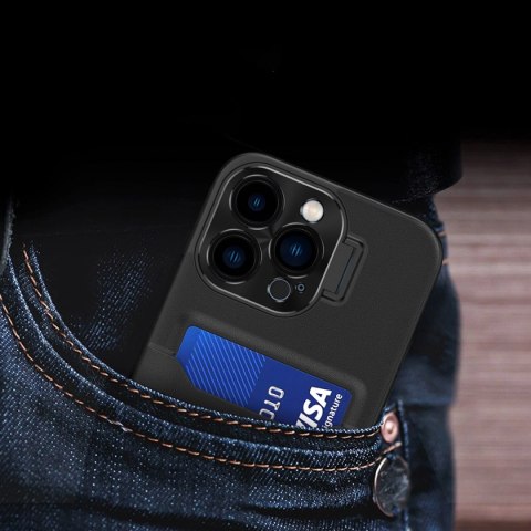 Leather Stand Case etui do iPhone 14 Pro pokrowiec portfel na kartę z podstawką czarne Leather Stand Case etui do iPhone 14 Pro pokrowiec portfel na kartę z podstawką czarne