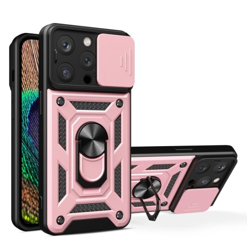 Pancerne etui z podstawką i osłoną aparatu do iPhone 15 Pro Hybrid Armor Camshield - różowe Pancerne etui z podstawką i osłoną aparatu do iPhone 15 Pro Hybrid Armor Camshield - różowe