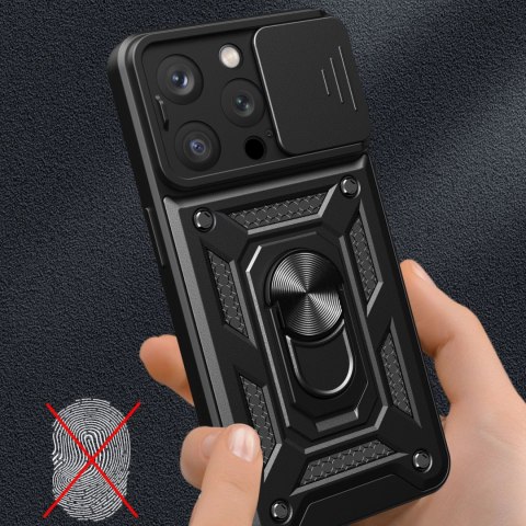 Pancerne etui z podstawką i osłoną aparatu do iPhone 15 Pro Max Hybrid Armor Camshield - czarne Pancerne etui z podstawką i osłoną aparatu do iPhone 15 Pro Max Hybrid Armor Camshield - czarne