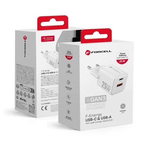 Ładowarka sieciowa do telefonu Forcell F-Energy Mini GaN III USB C + USB A QC4.0 PD 25W VT-25B biała #1 Ładowarka sieciowa do telefonu Forcell F-Energy Mini GaN III USB C + USB A QC4.0 PD 25W VT-25B biała #1