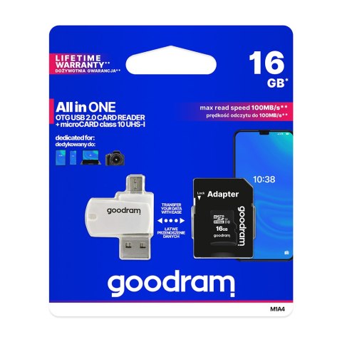 GoodRam karta pamięci 16GB microSDHC kl. 10 UHS-I + adapter + czytnik kart GoodRam karta pamięci 16GB microSDHC kl. 10 UHS-I + adapter + czytnik kart