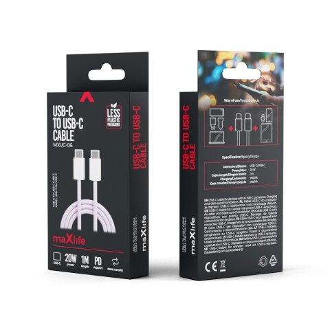 Maxlife kabel MXUC-06 USB-C - USB-C 1,0 m 20W fioletowy nylonowy Maxlife kabel MXUC-06 USB-C - USB-C 1,0 m 20W fioletowy nylonowy